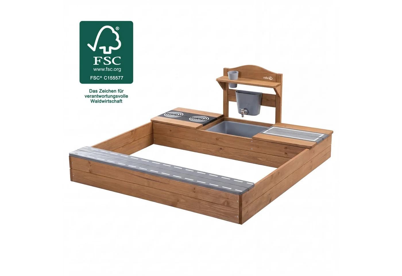 roba Sandkasten mit Matschküche und Sitzbank braun Massivholz - Bild 4