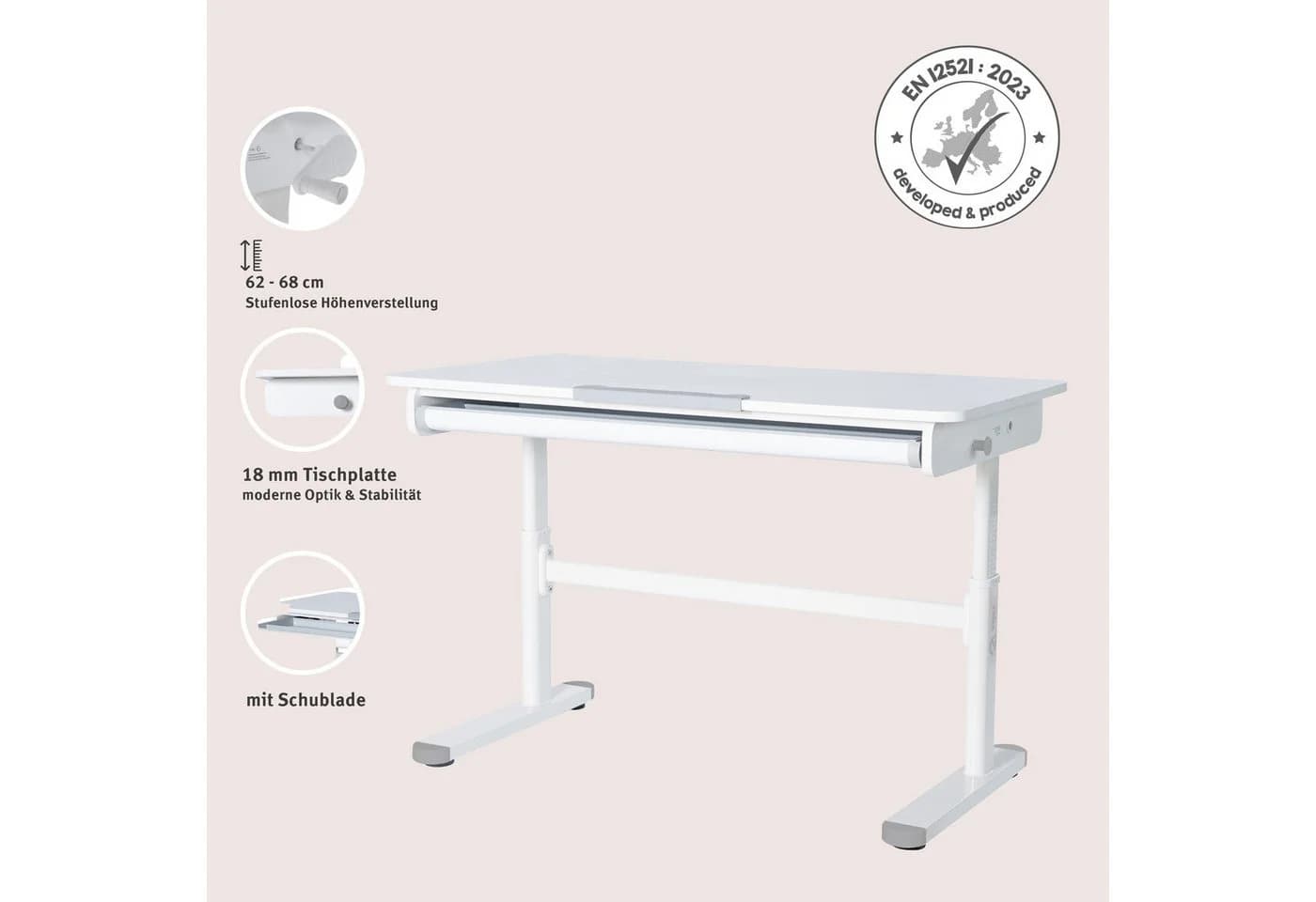 roba® Kinderschreibtisch Smart Grow höhenverstellbar mit Schublade Weiß - Bild 3
