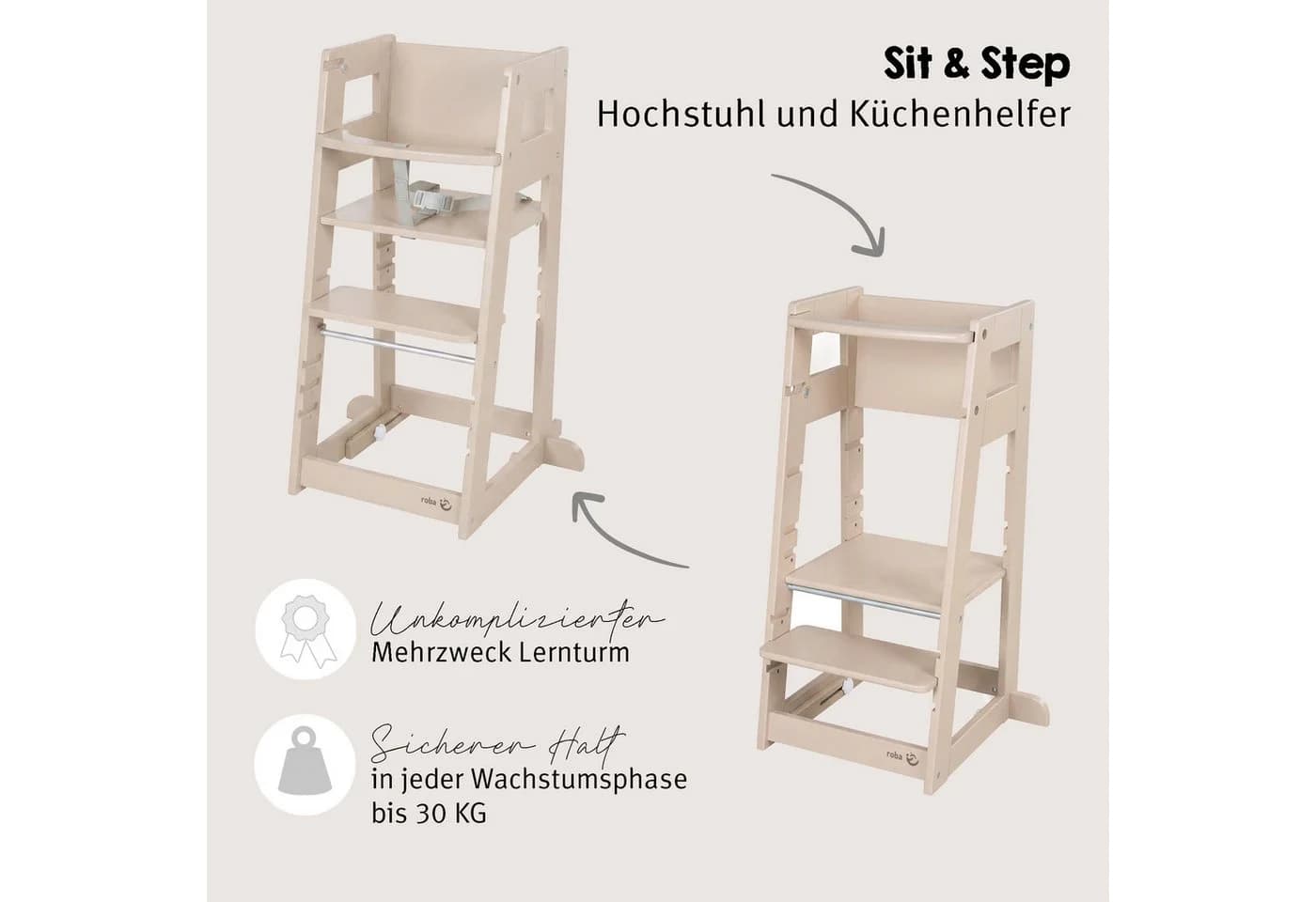 roba® Lernturm Hochstuhl 2in1 Sit & Step Weiß Holz