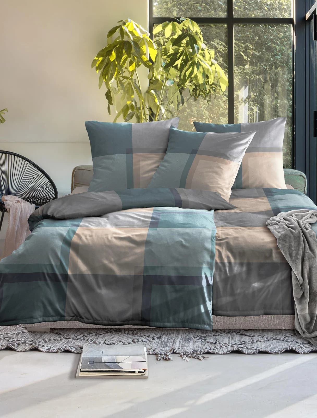 IRISETTE Bettwäsche Wave 8672 Mako-Satin Grau Blau Karo