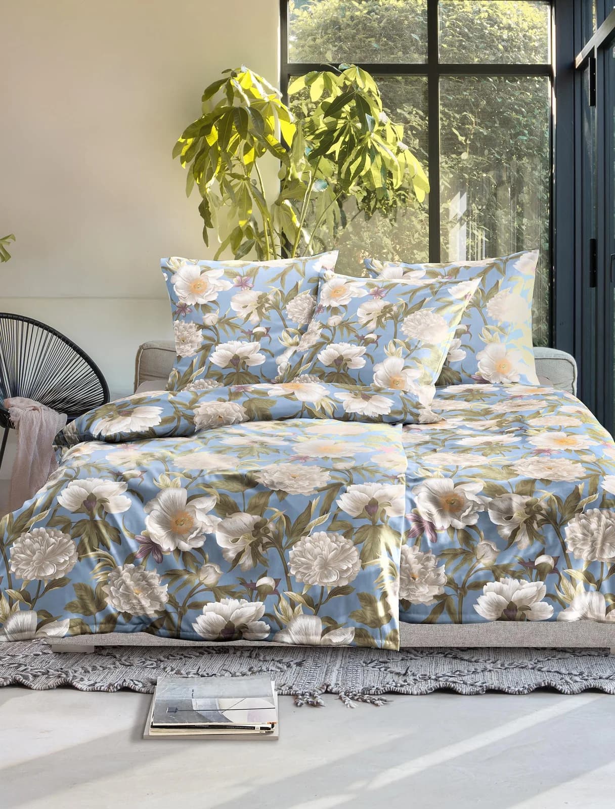 IRISETTE Bettwäsche Mako-Satin Blau Floral 135x200cm