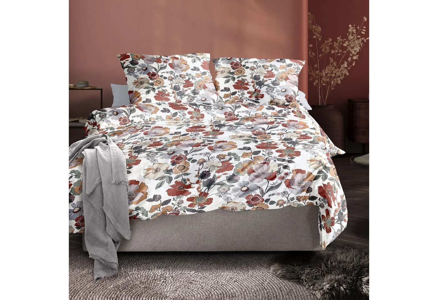 Irisette Mako Satin Bettwäsche 135x200 rot beige Blumen
