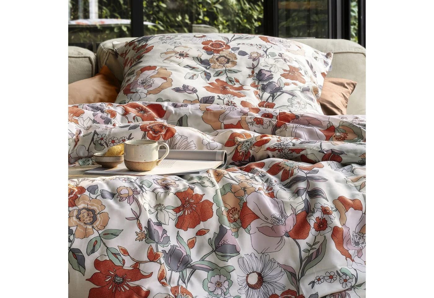 Irisette Mako Satin Bettwäsche 135x200 rot beige Blumen - Bild 3