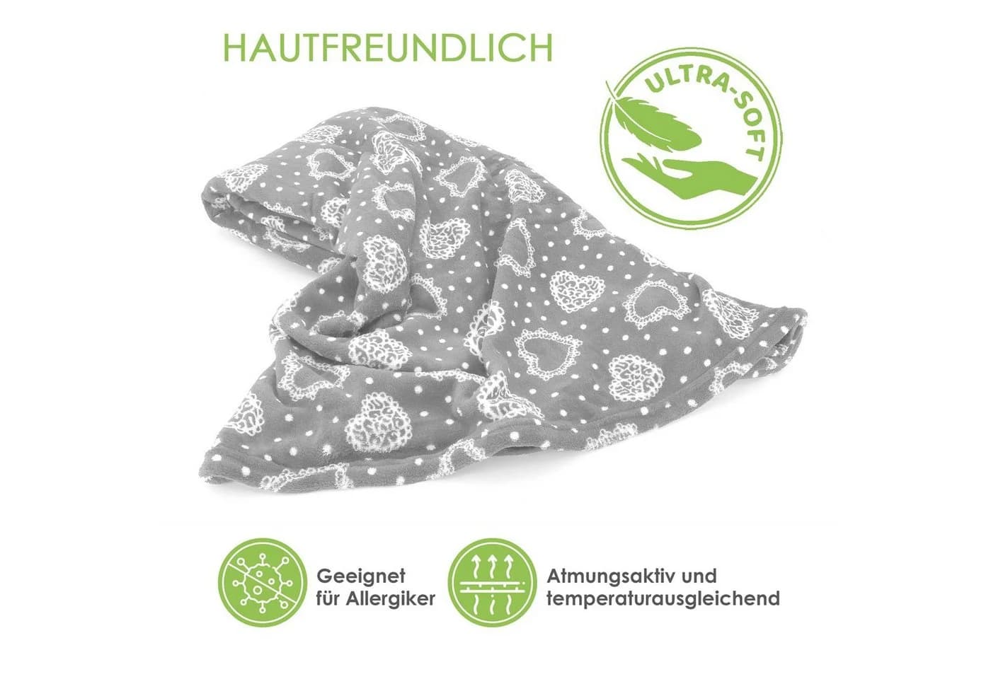 Wohndecke Kuscheldecke Herzen Flanell Sofadecke Landhaus heimtexland Grau - Bild 3