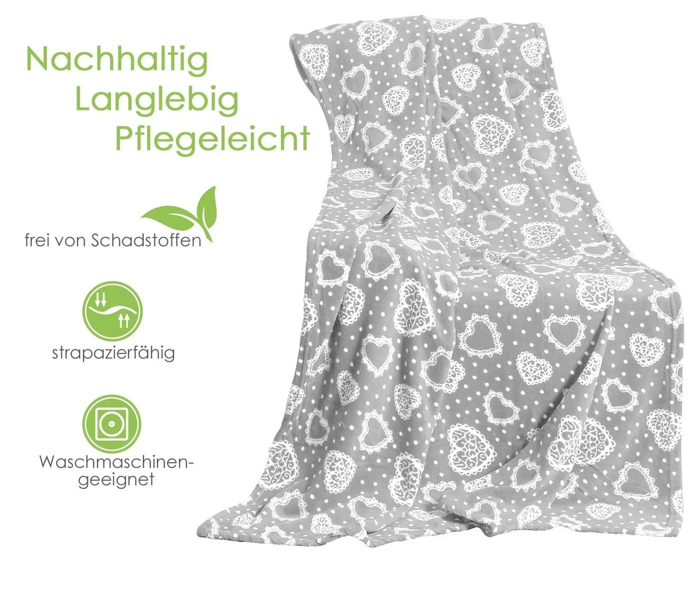 Wohndecke Kuscheldecke Herzen Flanell Sofadecke Landhaus heimtexland Grau - Bild 4
