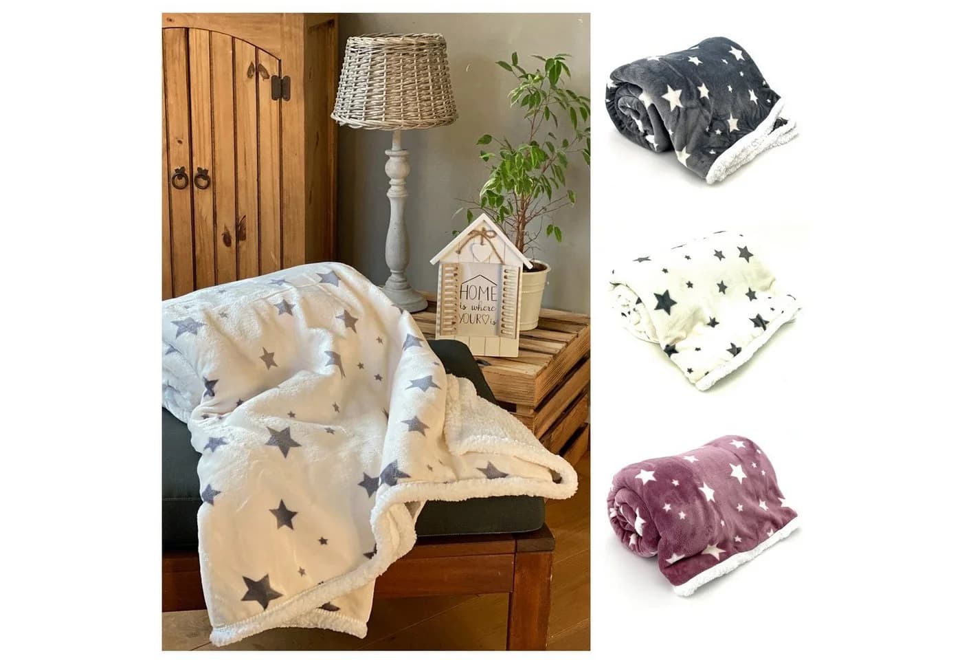 heimtexland Wohndecke Soft Flanell Sterne Kuscheldecke mit Sherpa Fell Creme - Bild 2