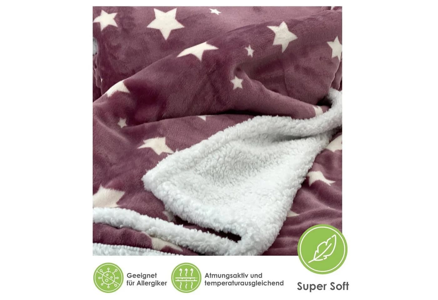 heimtexland Wohndecke Soft Flanell Sterne Kuscheldecke mit Sherpa Fell Rosa - Bild 3