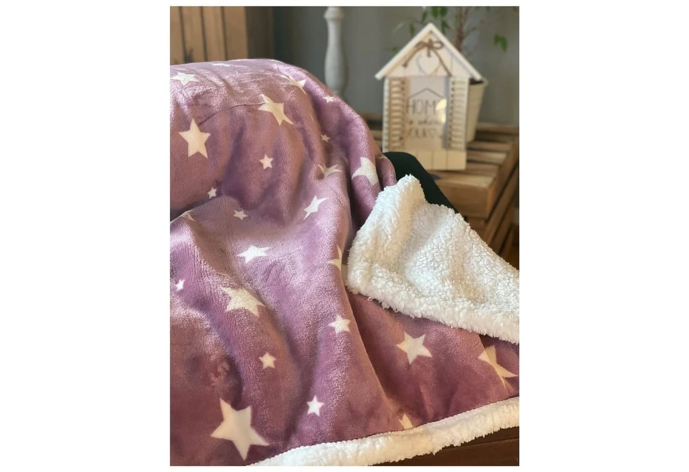 heimtexland Wohndecke Soft Flanell Sterne Kuscheldecke mit Sherpa Fell Rosa - Bild 5