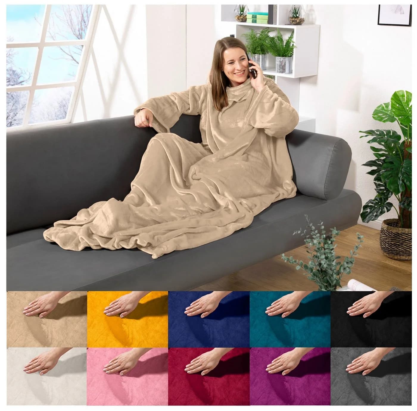 heimtexland Tragbare Ganzkörperdecke mit Ärmeln Beige Flanell - Bild 2