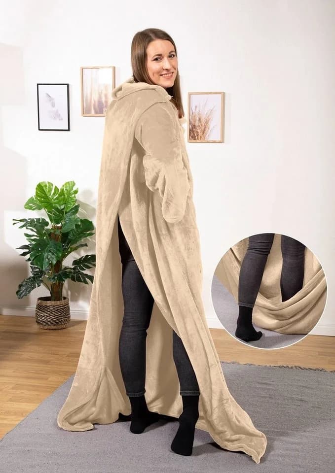 heimtexland Tragbare Ganzkörperdecke mit Ärmeln Beige Flanell - Bild 3