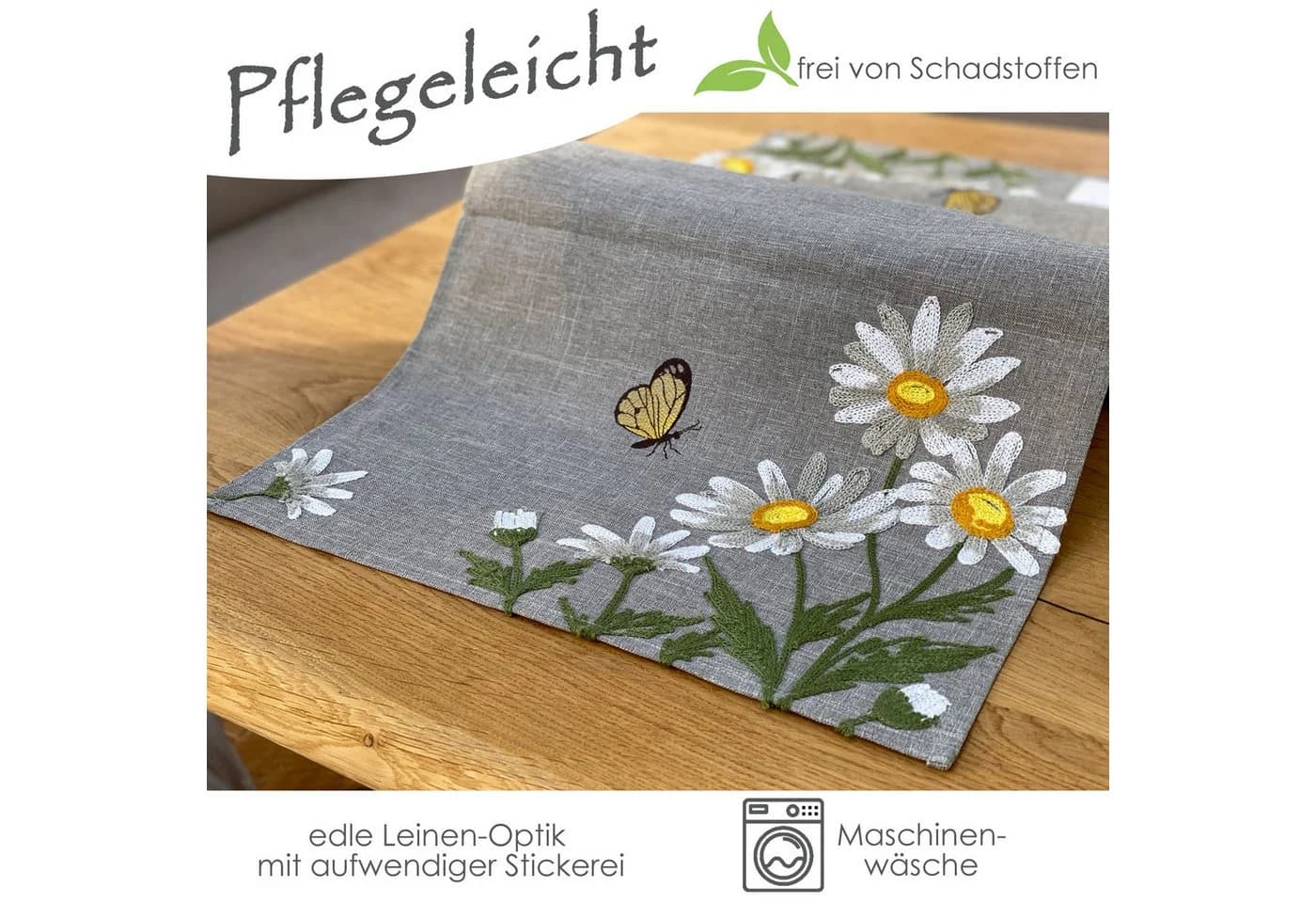 Tischdecke und Kissenhülle im Leinen-Optik Design mit Blumenmuster