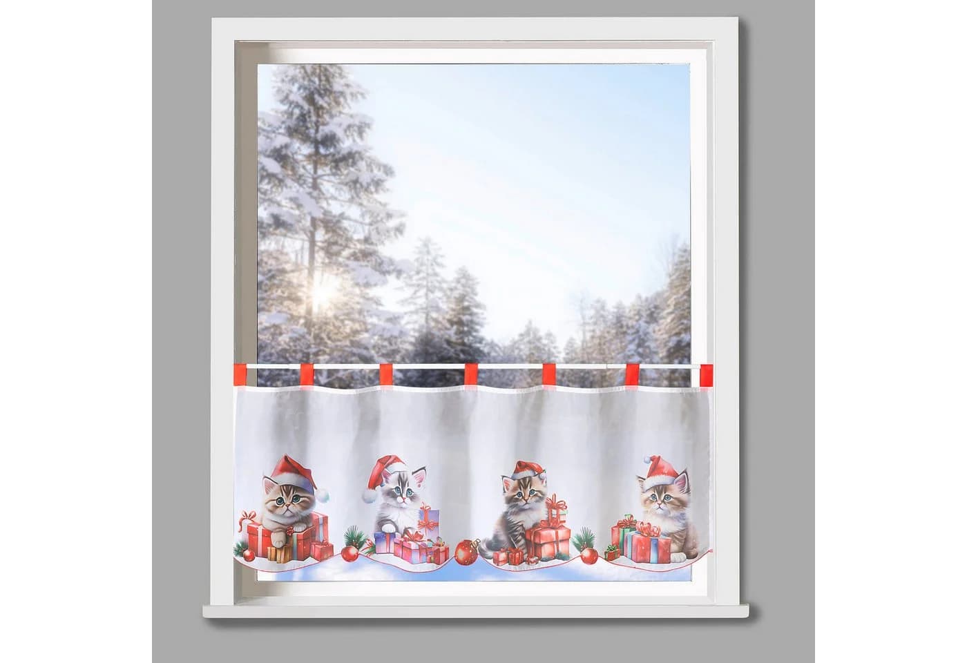 Heimtexland Scheibengardine Weihnachten Katze Rot Transparent