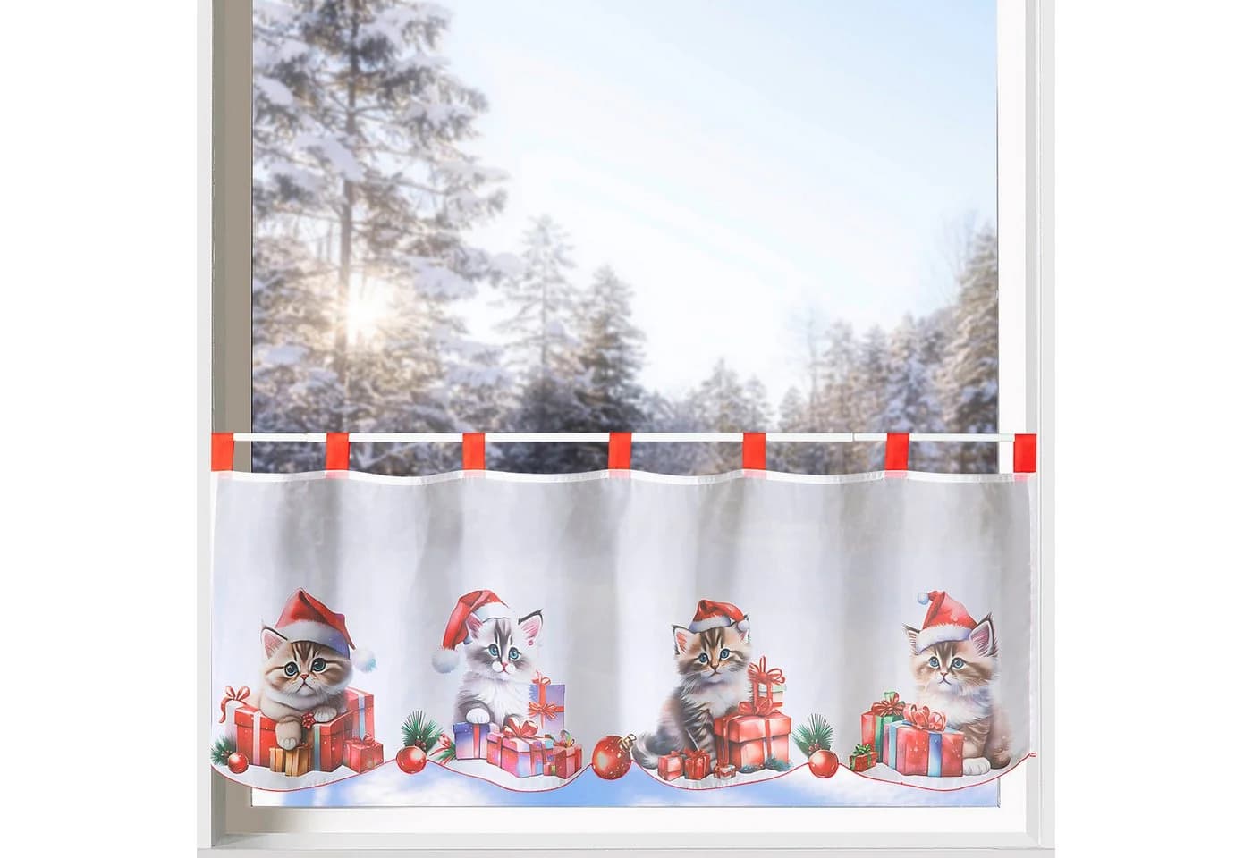 Heimtexland Scheibengardine Weihnachten Katze Rot Transparent - Bild 2