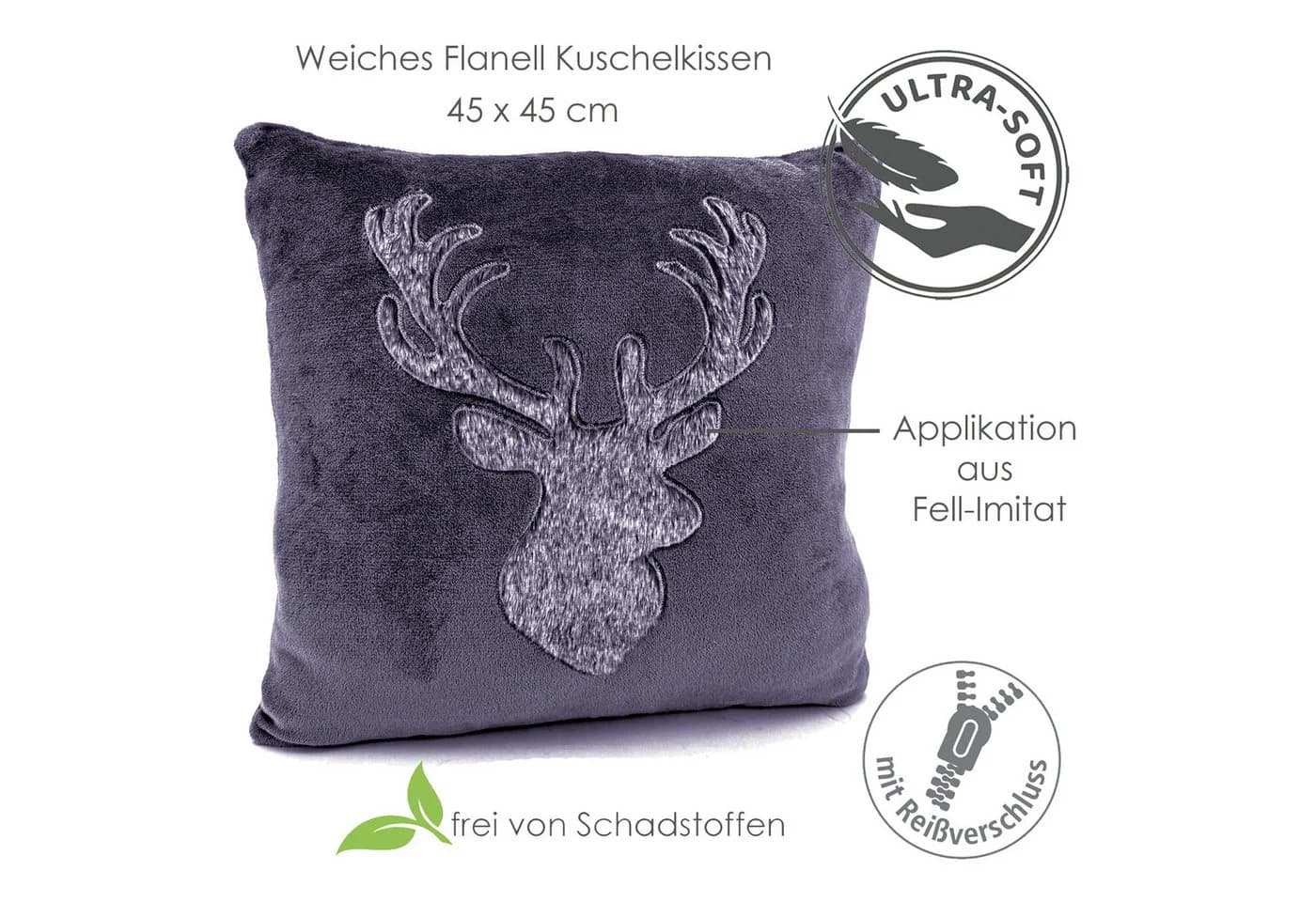 heimtexland Dekokissen Flanell Kuschelkissen Hirsch Landhaus Kissen Fell Grau - Bild 3