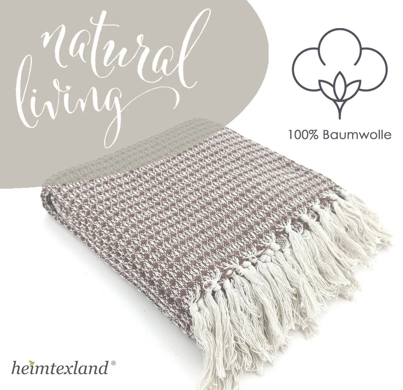 heimtexland Strickdecke Boho 100% Baumwolle Beige mit Fransen