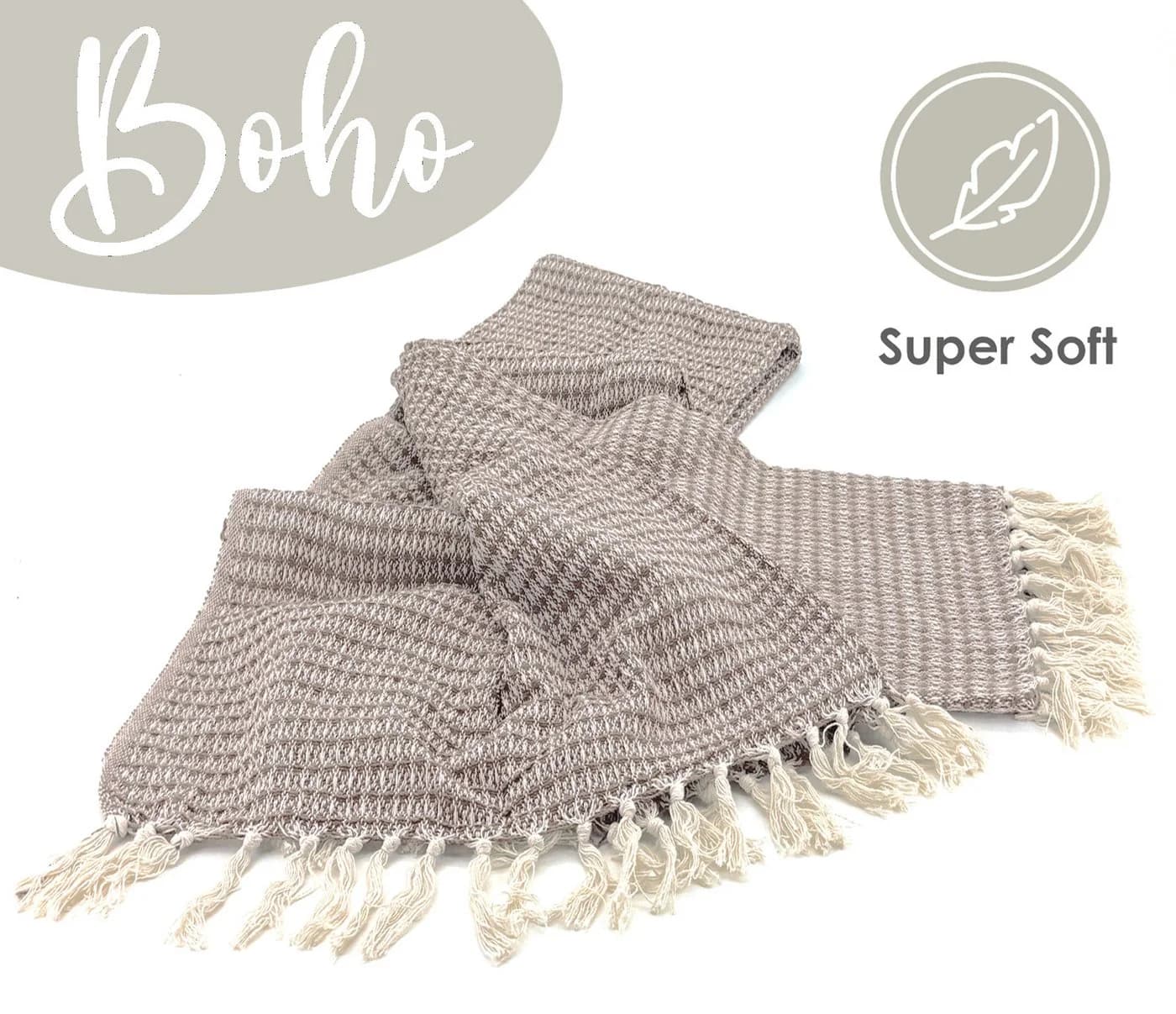 heimtexland Strickdecke Boho 100% Baumwolle Beige mit Fransen - Bild 3