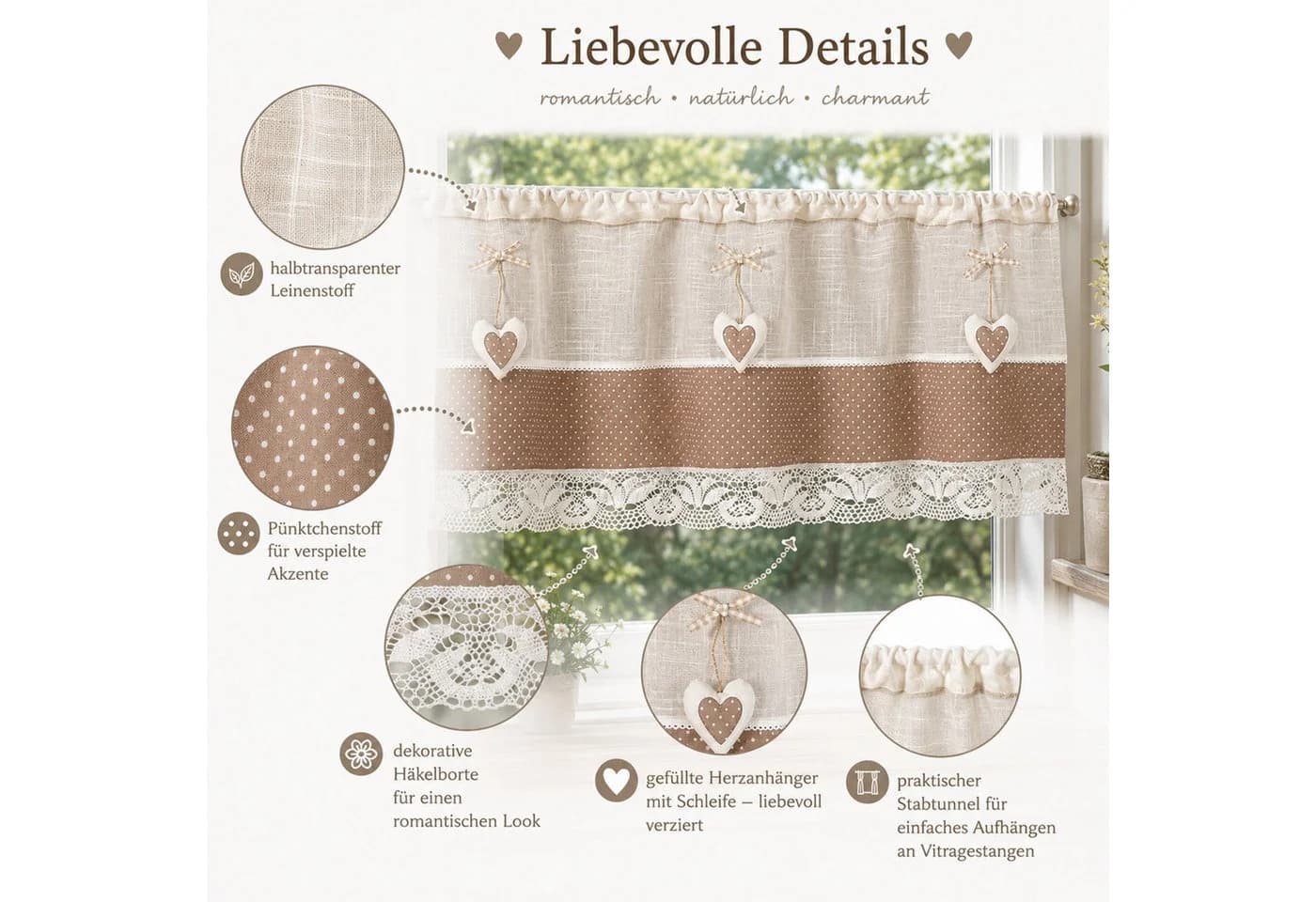 heimtexland Scheibengardine Landhaus Leinen-Optik Polyester mit Herz-Anhänger - Bild 3