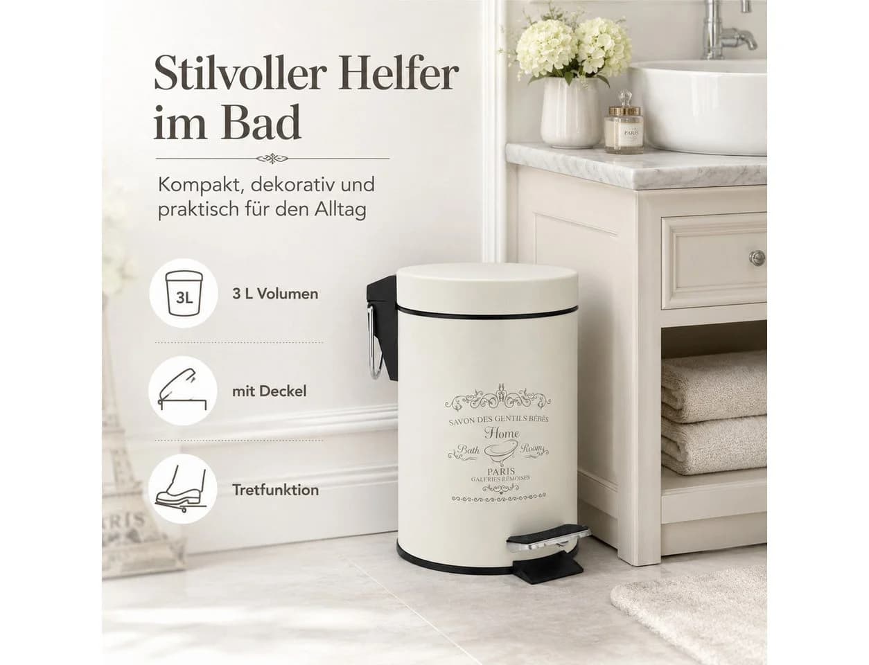 Testrut Kosmetikeimer Paris Tretmülleimer Metall Beige