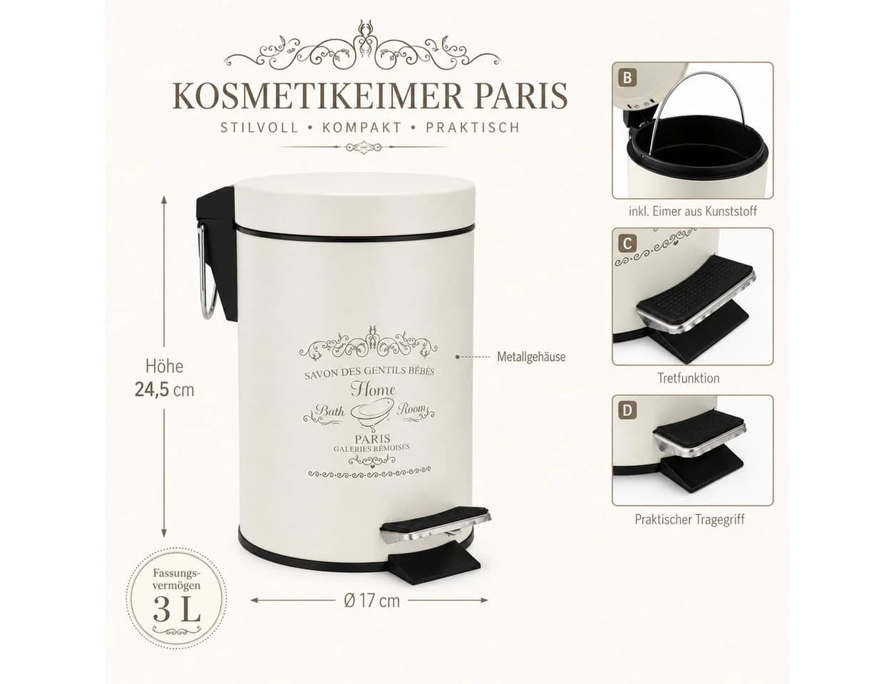 Testrut Kosmetikeimer Paris Tretmülleimer Metall Beige - Bild 5