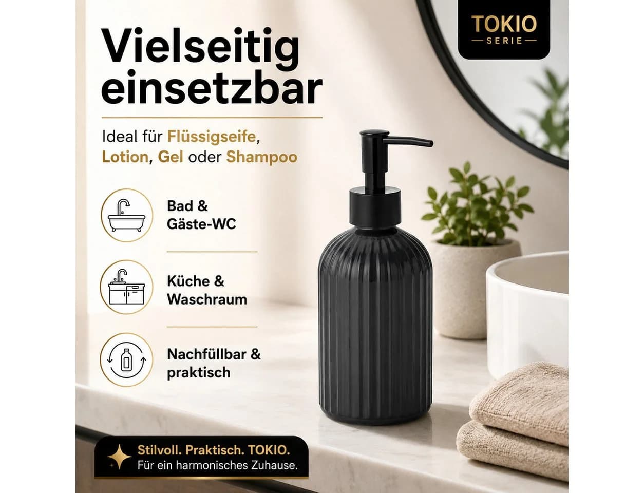 Testrut Seifenspender Tokio, Glas & Kunststoff, Schwarz Matt