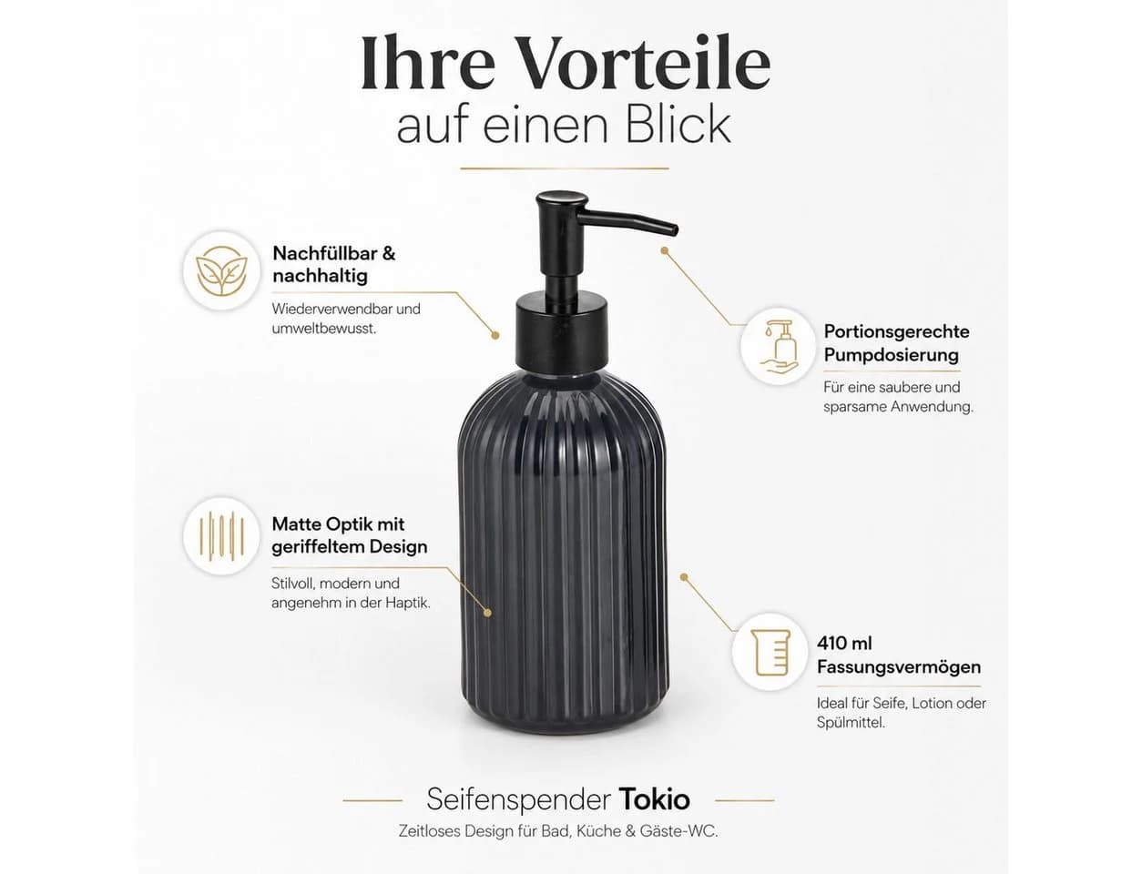 Testrut Seifenspender Tokio, Glas & Kunststoff, Schwarz Matt - Bild 3