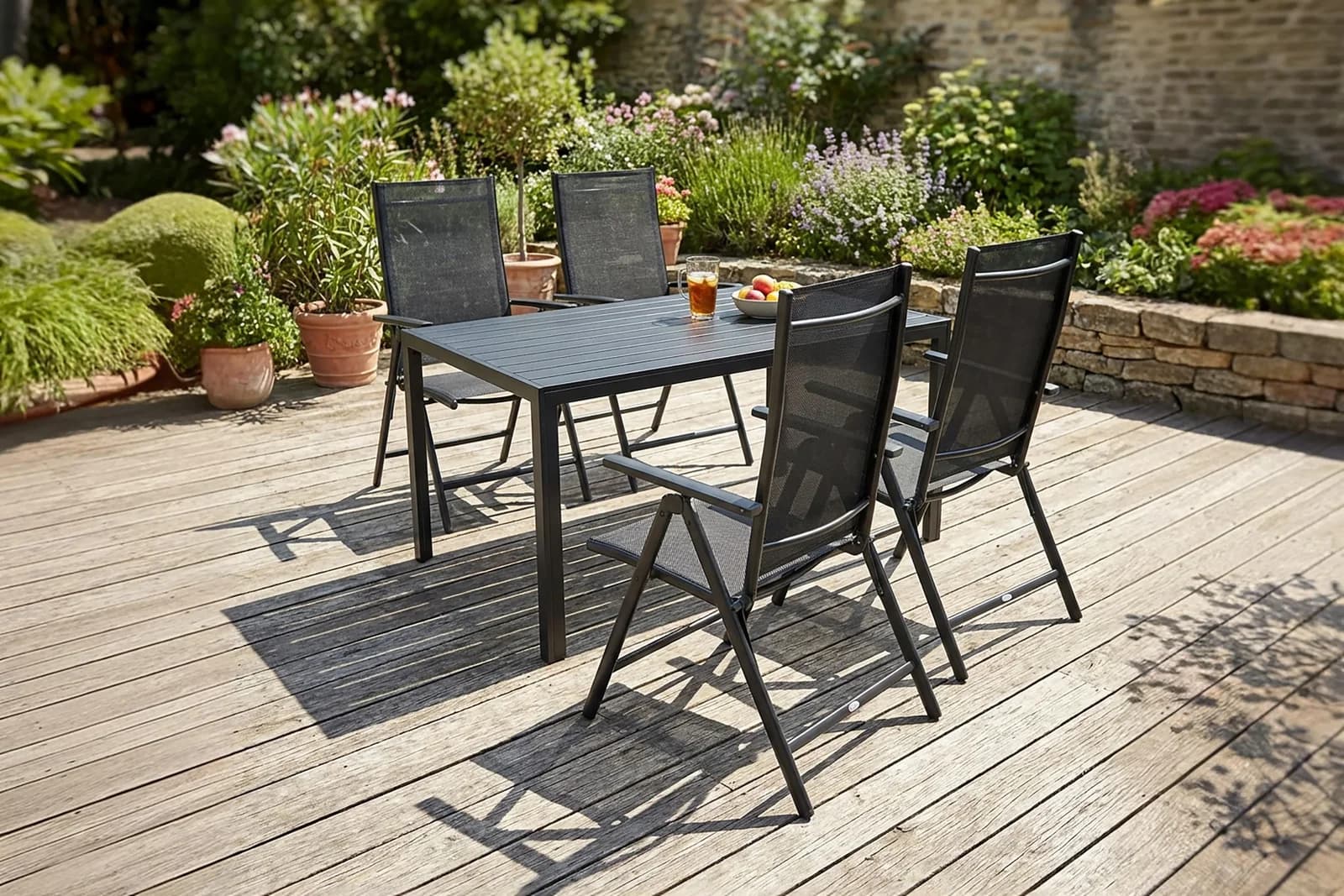 Tischgruppe greemotion Merida - 5-teiliges Gartenmöbel-Set Schwarz