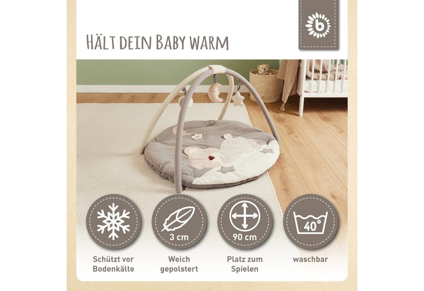 BIECO Baby Gym Krabbeldecke mit Spielbogen Beige/Grau - Bild 5