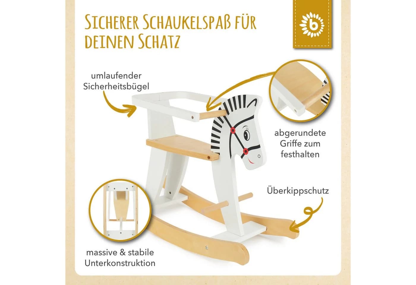 BIECO Schaukeltier Weiß Zebra Design Holz - Bild 3