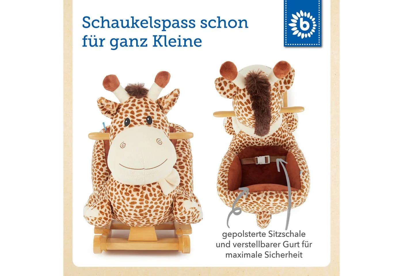BIECO Schaukeltier Giraffe Beige Plüsch mit Sicherheitsgurt - Bild 3