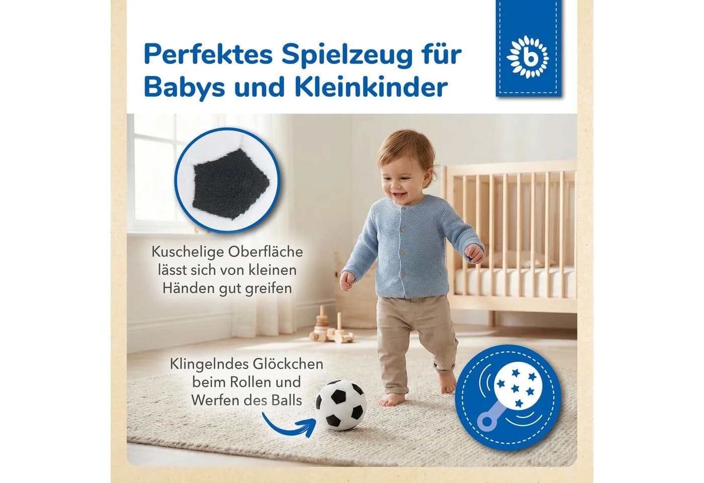 BIECO Greifball mit Rassel Schwarz/Weiß Velours - Bild 3