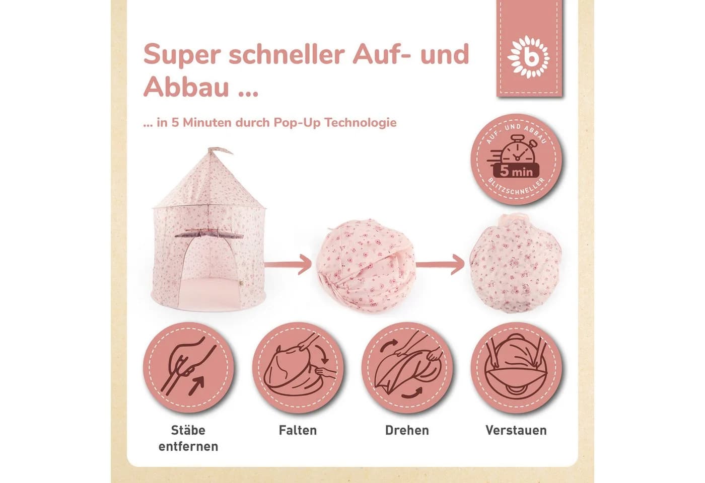 BIECO Pop-up Spielzelt Dreamy Flowers Rosa Polyester - Bild 5