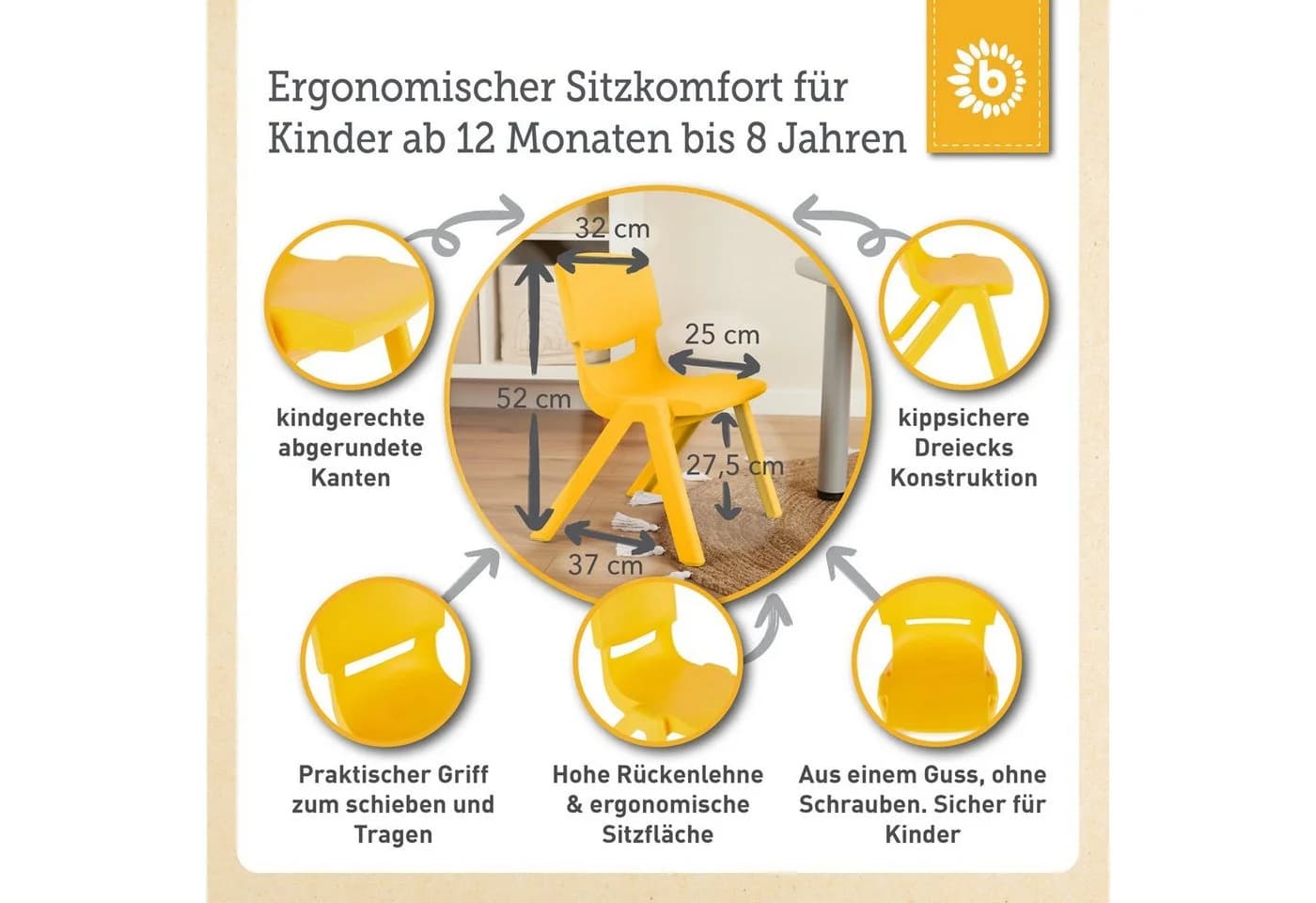 BIECO Kinderstuhl Gelb Stapelbar & Kippsicher Bis 80 kg - Bild 3