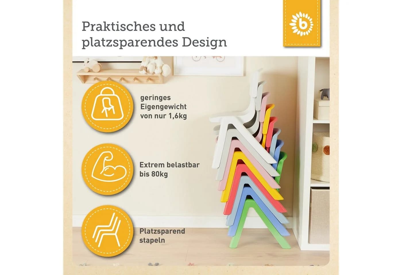 BIECO Kinderstuhl Gelb Stapelbar & Kippsicher Bis 80 kg - Bild 5