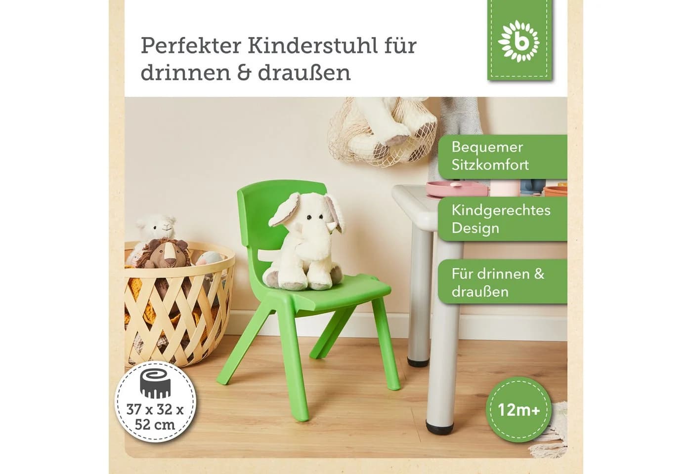 BIECO Kinderstuhl Grün Stapelbar & Kippsicher Bis 80 kg