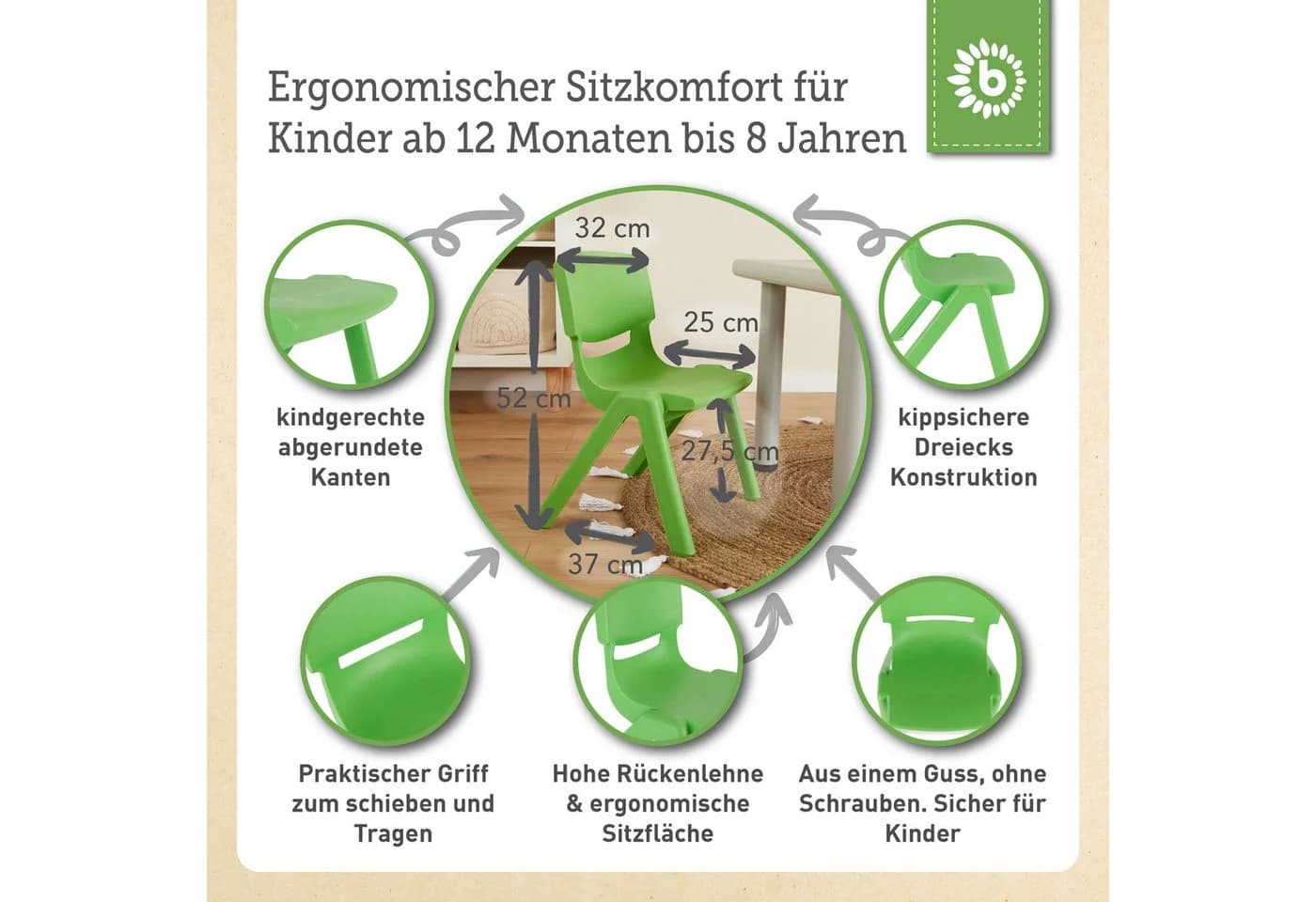 BIECO Kinderstuhl Grün Stapelbar & Kippsicher Bis 80 kg - Bild 3