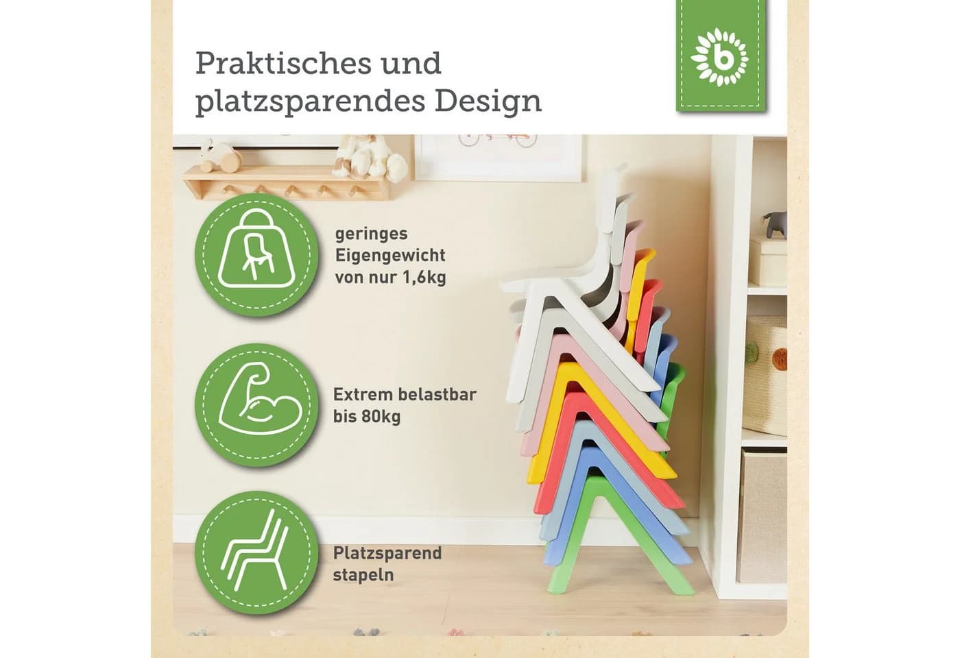 BIECO Kinderstuhl Grün Stapelbar & Kippsicher Bis 80 kg - Bild 4