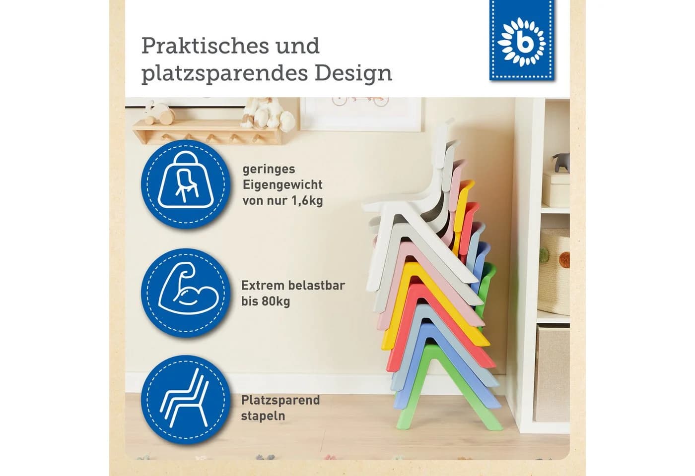 BIECO Kinderstuhl Blau Stapelbar & Kippsicher bis 80 kg - Bild 4