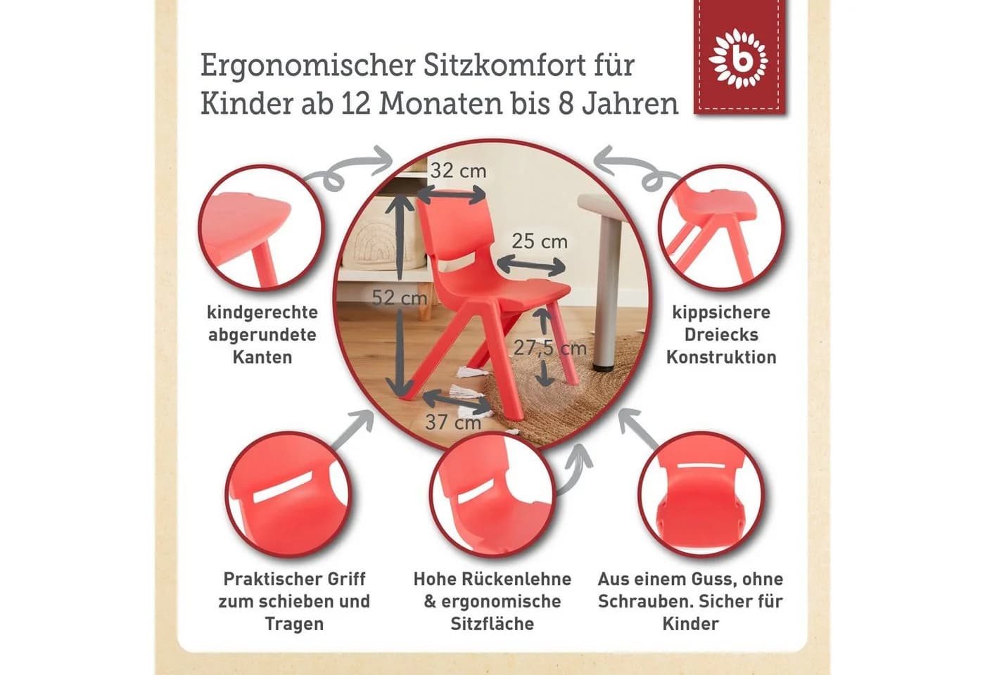 BIECO Kinderstuhl Rot Stapelbar & Kippsicher - Bild 3
