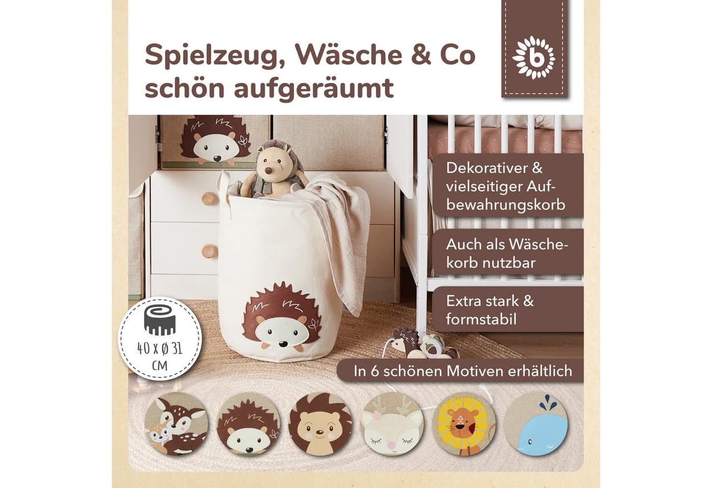 BIECO Wäschekorb Igel Canvas Wasserabweisend Beige/Rosa