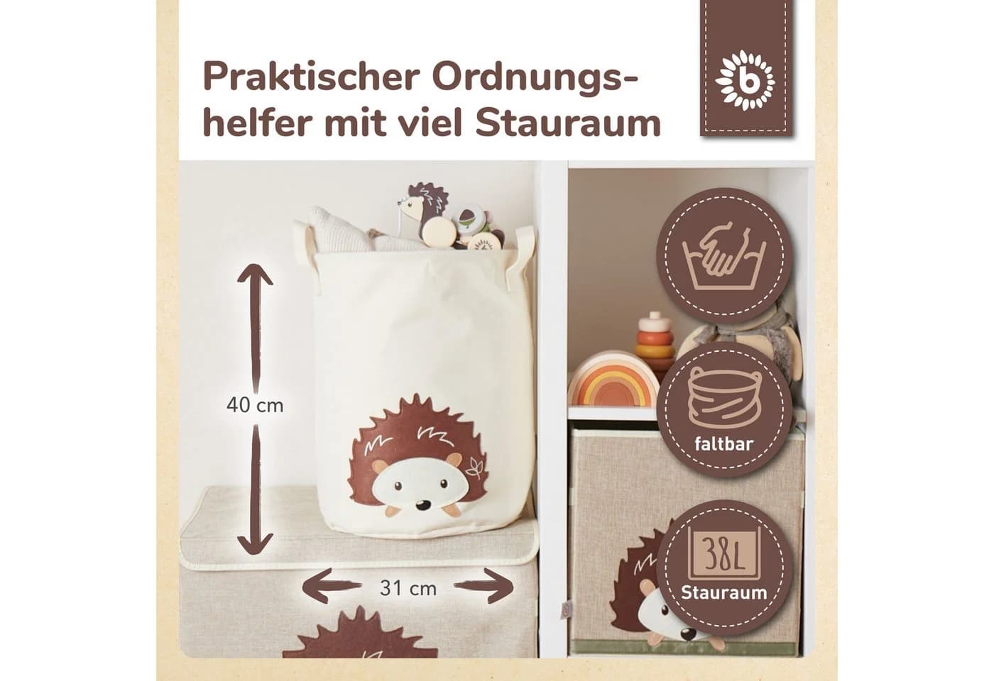 BIECO Wäschekorb Igel Canvas Wasserabweisend Beige/Rosa - Bild 3