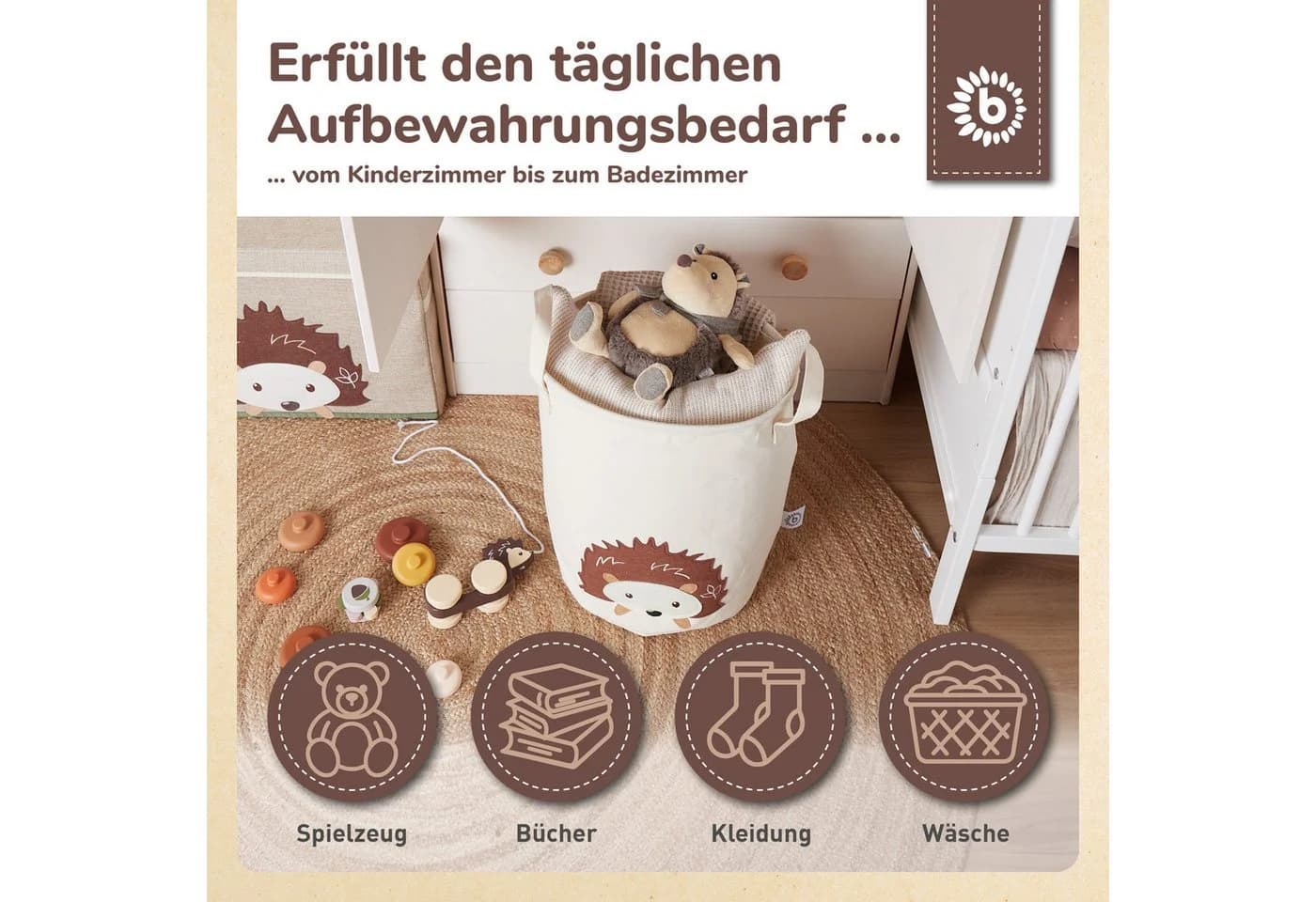 BIECO Wäschekorb Igel Canvas Wasserabweisend Beige/Rosa - Bild 5