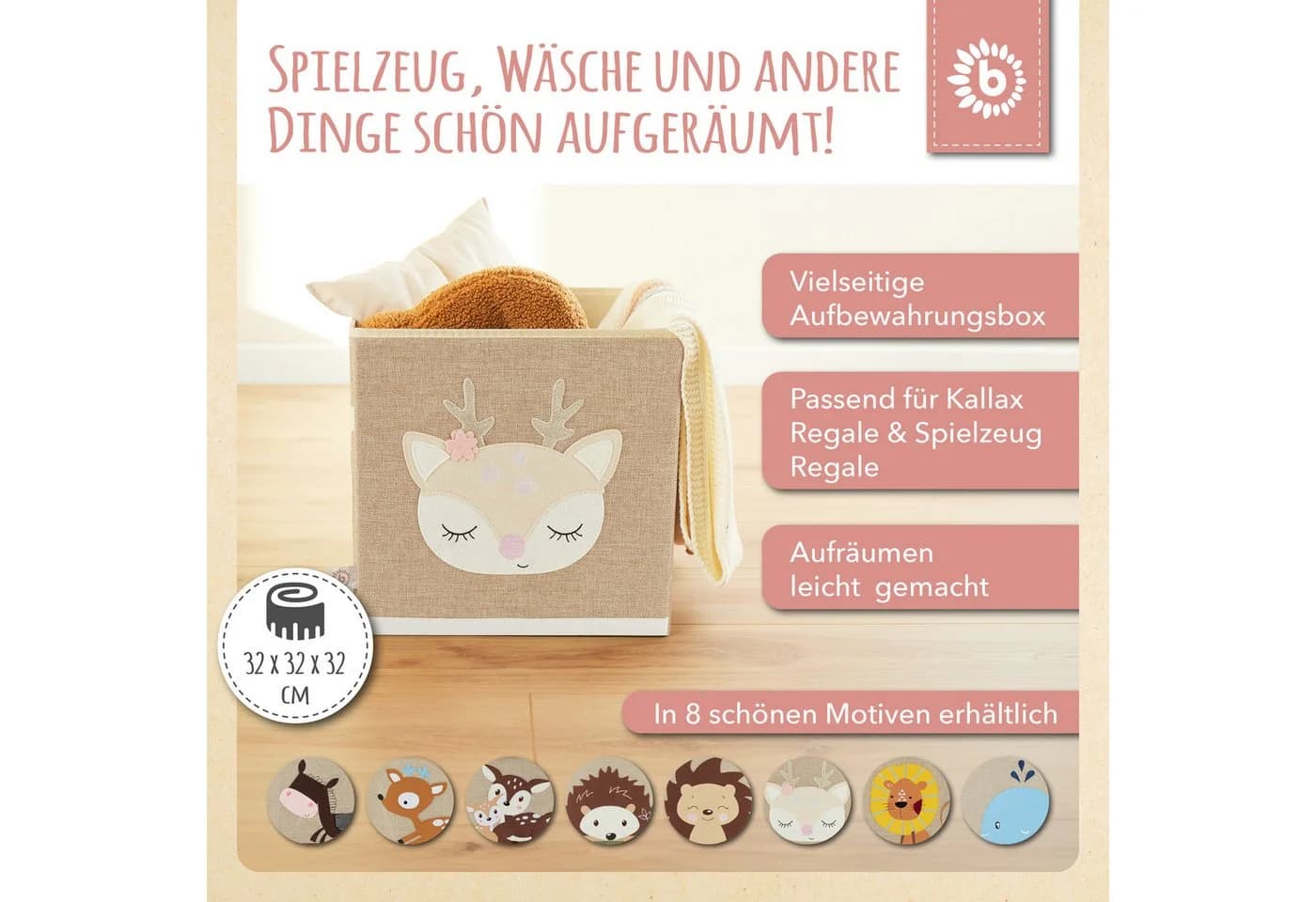 BIECO Spielzeugtruhe Aufbewahrungsbox Kinder Reh 36L faltbar