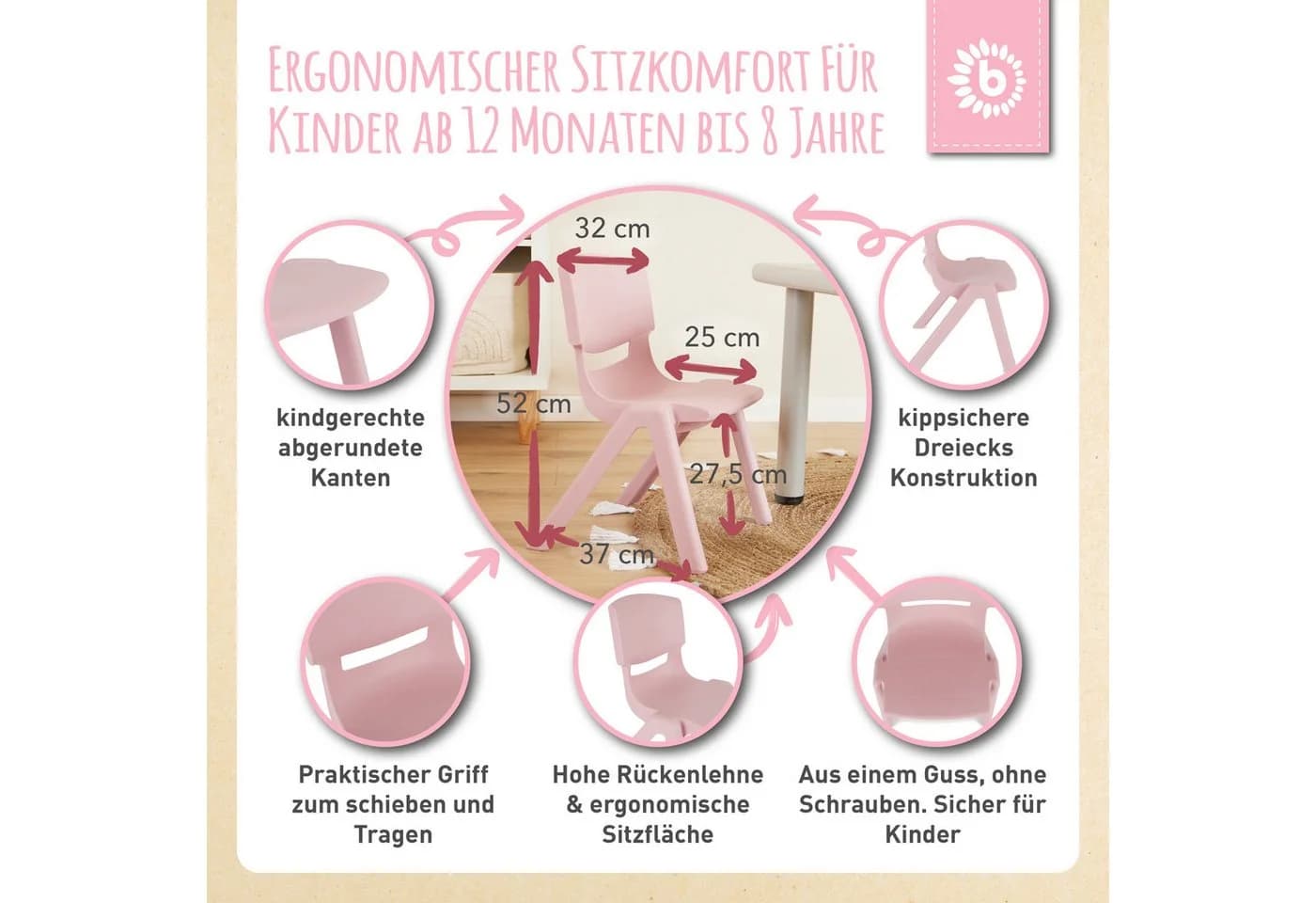 BIECO Kinderstuhl Altrosa Stapelbar Kippsicher Bis 80kg - Bild 3