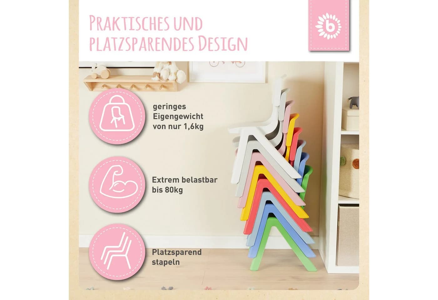 BIECO Kinderstuhl Altrosa Stapelbar Kippsicher Bis 80kg - Bild 4