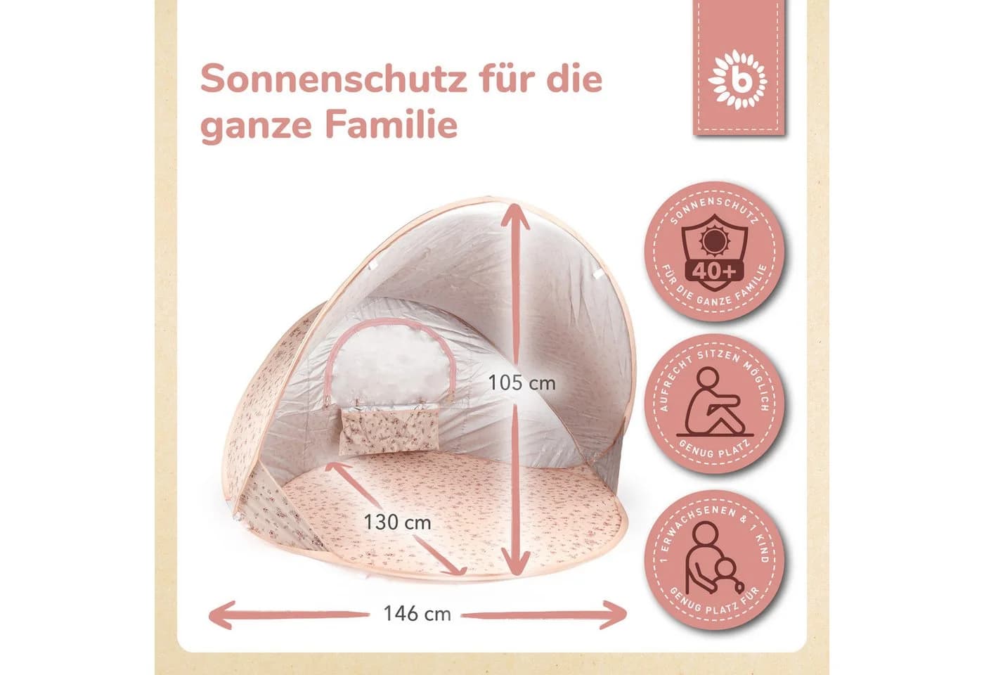 BIECO Pop-Up Strandmuschel Dreamy Flowers Rosa UV-Schutz 40+ - Bild 3