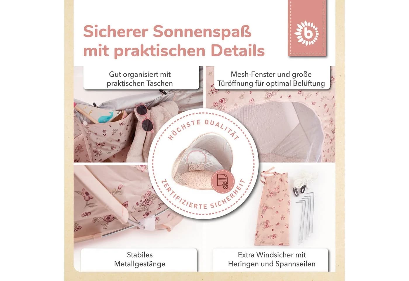 BIECO Pop-Up Strandmuschel Dreamy Flowers Rosa UV-Schutz 40+ - Bild 4