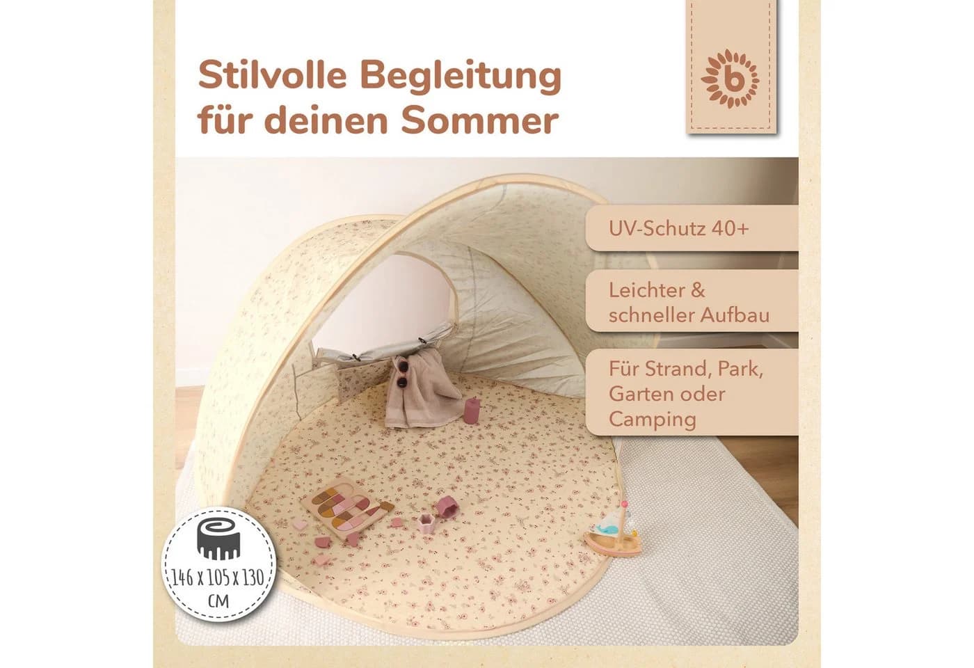 BIECO Pop-Up Strandmuschel Vintage Flowers Weiss UV-Schutz 40+