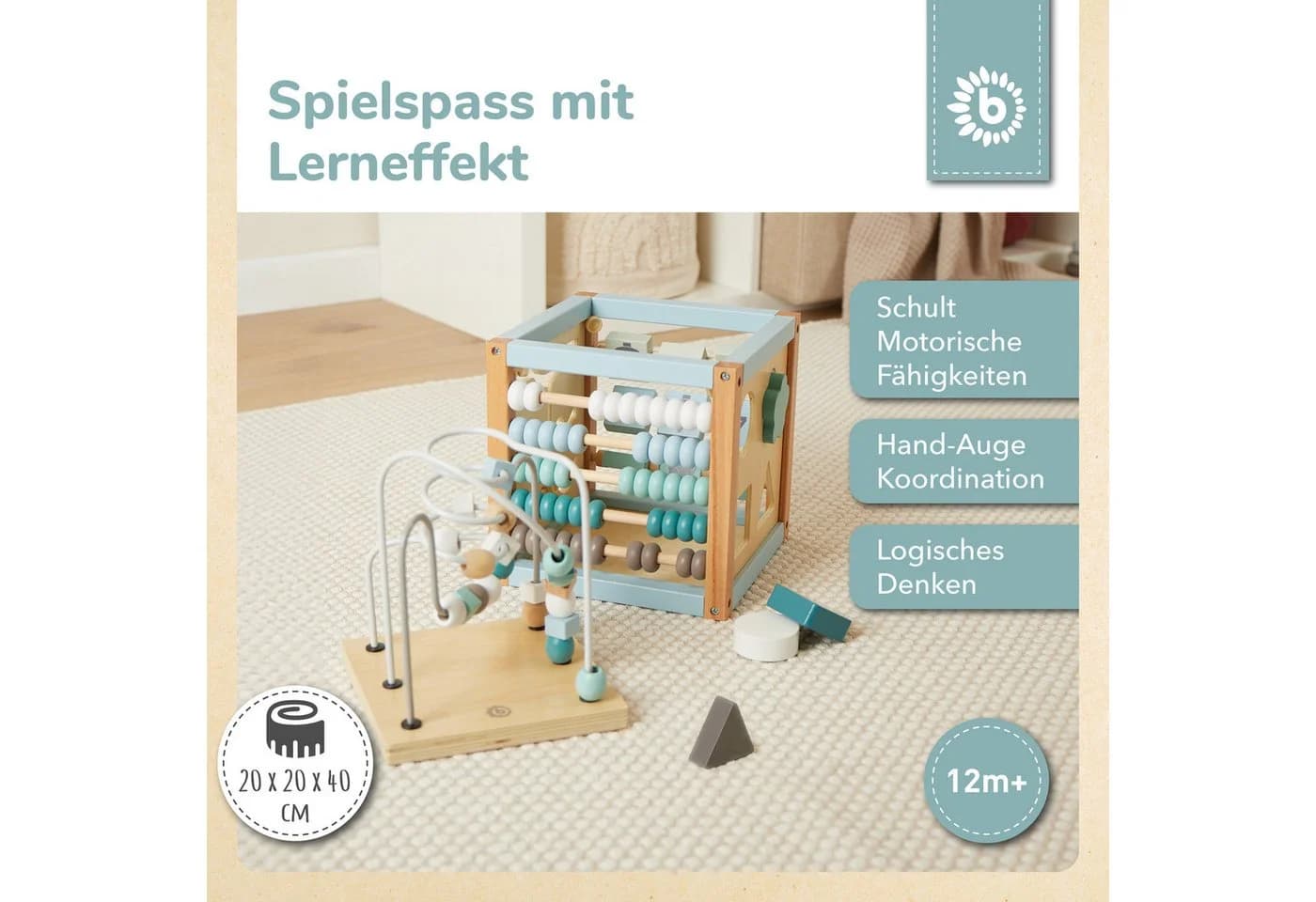 BIECO Motorikwürfel aus Holz mit Schleife und Steckspiel