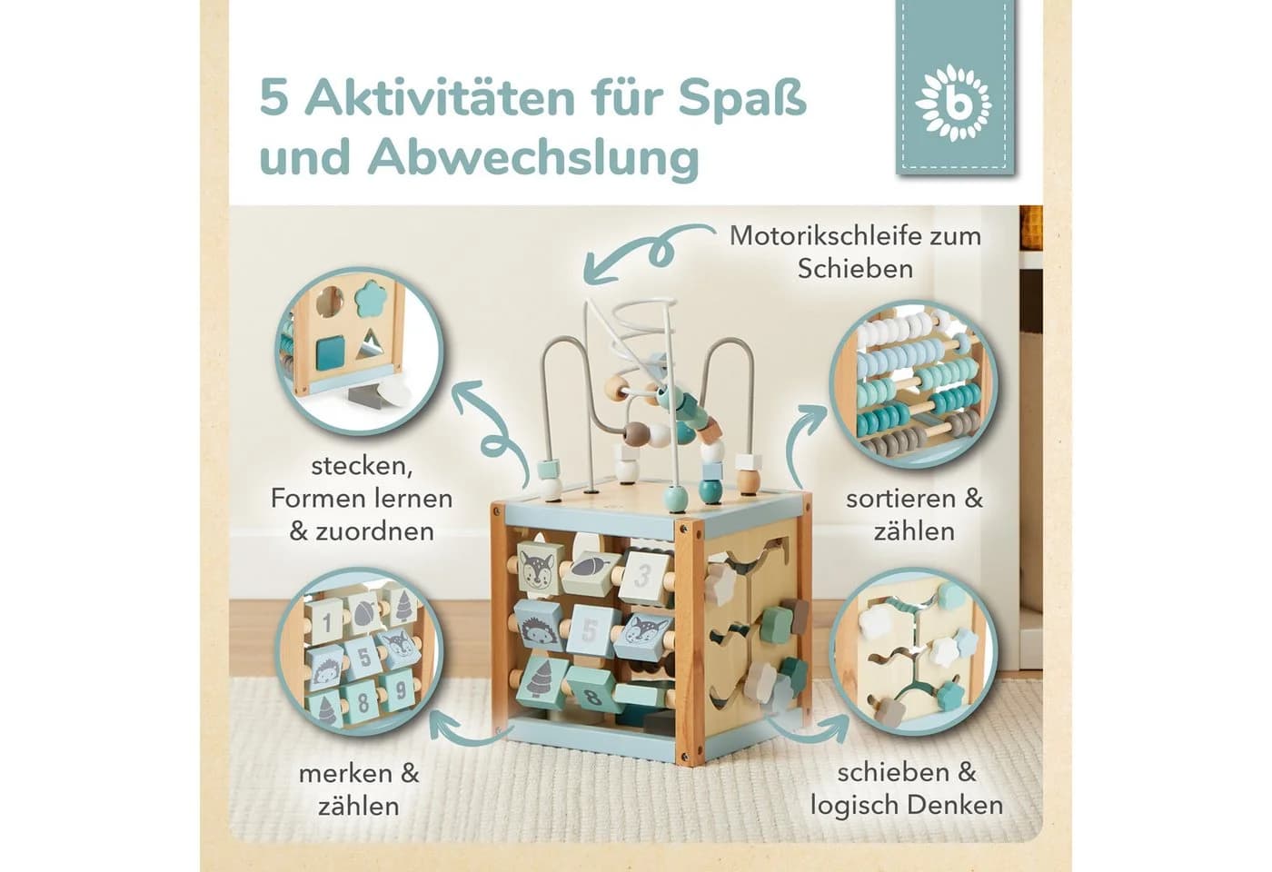 BIECO Motorikwürfel aus Holz mit Schleife und Steckspiel - Bild 3