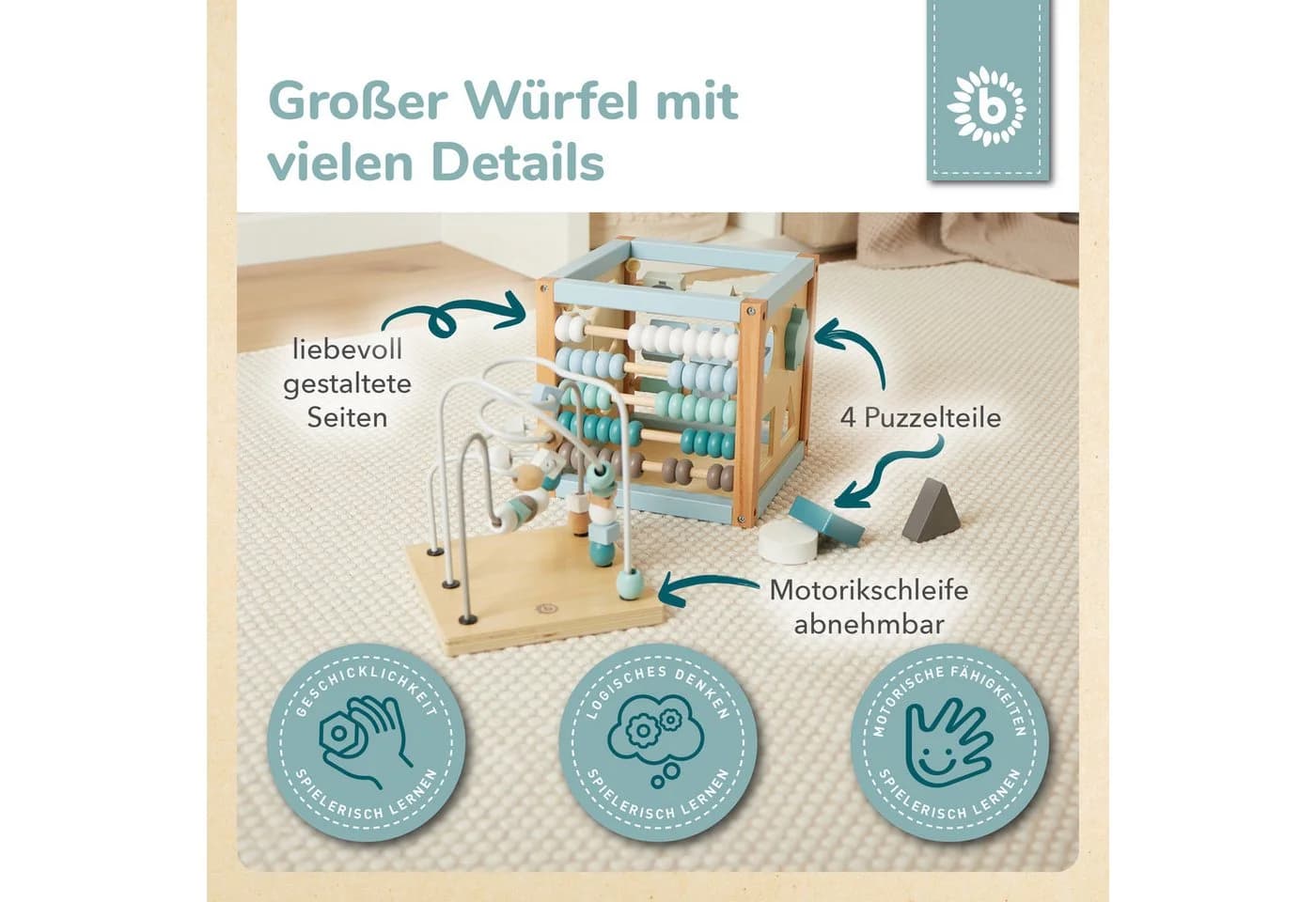 BIECO Motorikwürfel aus Holz mit Schleife und Steckspiel - Bild 4